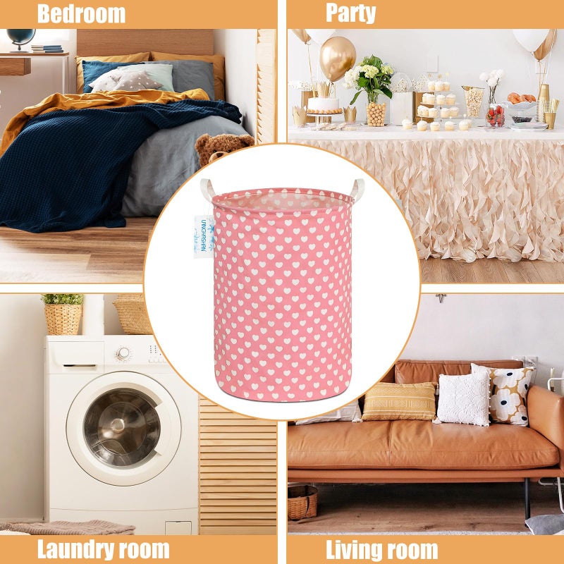 LANGYASHAN Laundry Basket Canvas Fabric Collapsible Organizer Basket for Storage Bin Toy Bins Gift Baskets Bedroom Clothes Children Nursery Hamper (pink heart) - Image 3